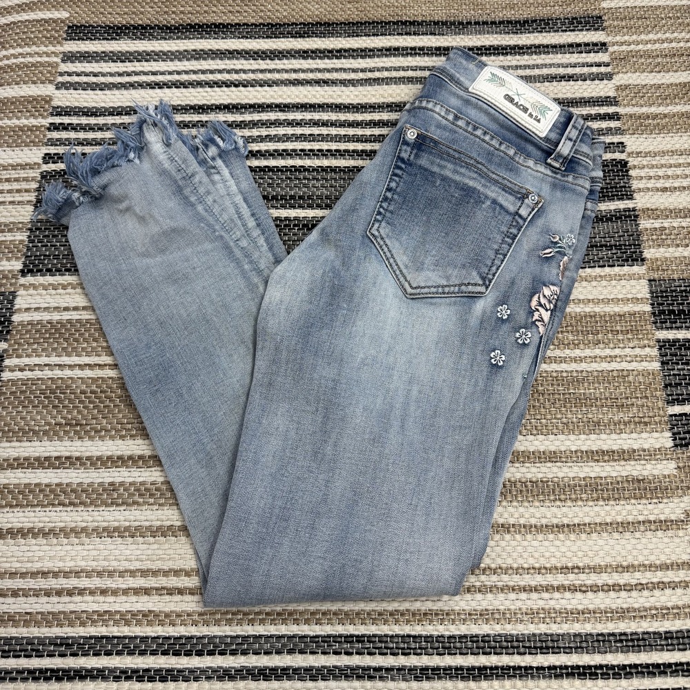 Grace in LA Jeans Womens 25 Blue Skinny Distressed Floral Embroidered Frayed Hem